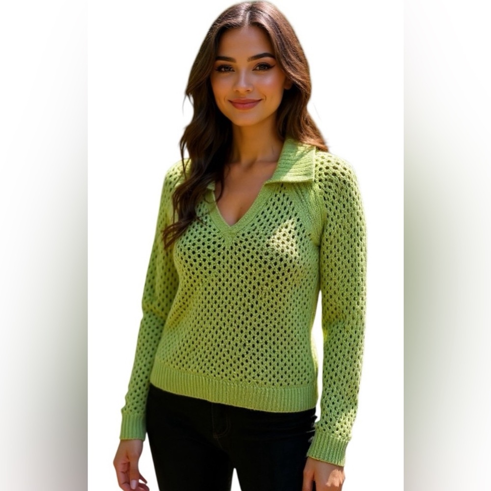 NEW Indigo Thread Co Open Knit Sweater Split V Neck Collar Casual Preppy Size M